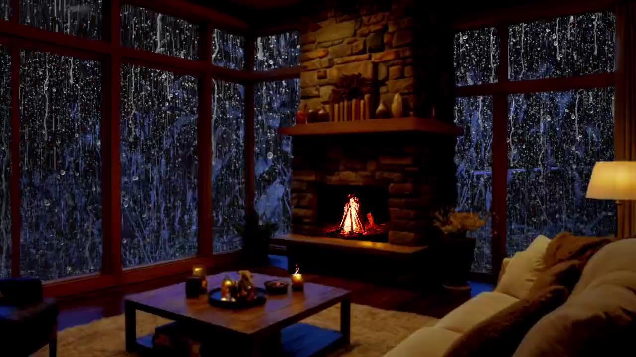 Stormy Night in a Wooden Cabin || Rain & Fireplace Sounds for Focus ...