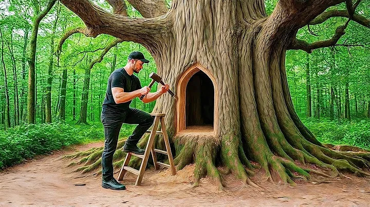 I Spent 28 Days Building a Bushcraft Survival Home Inside a Giant Tree