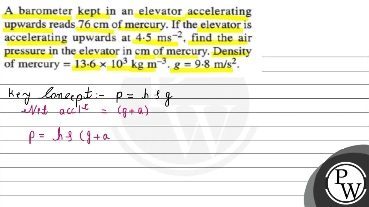 A barometer kept in an elevator accelerating upwards reads \( 76 \m