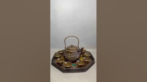 Bộ trà đồng to cũ xưa – ấm tích nổi Tùng Hạc & khay bát giác Phượng Hoàng
