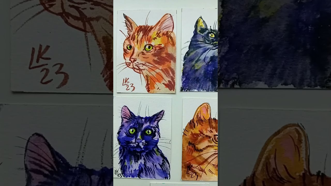 Watercolor cats ACEO original cards 