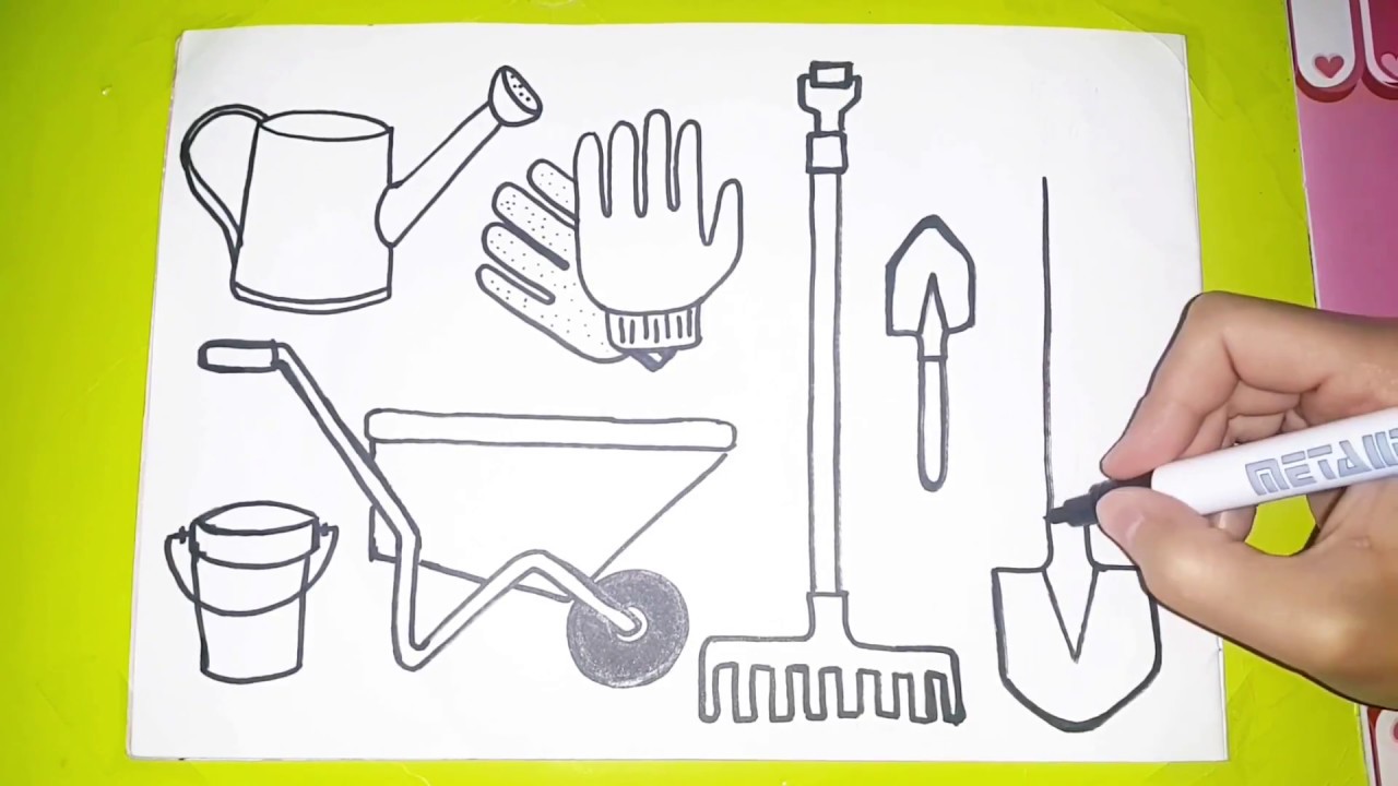 Set of Black and White Drawings of Garden Tools. Vector Stock Illustration  - Illustration of advertisement, maple: 160331999