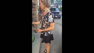 Pumping Gas In High Heels And Sheer Blouse Braless