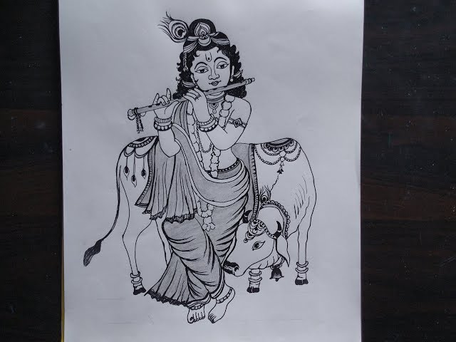 Krishna With Cow Drawing by Vinitha Paramasivan  Pixels