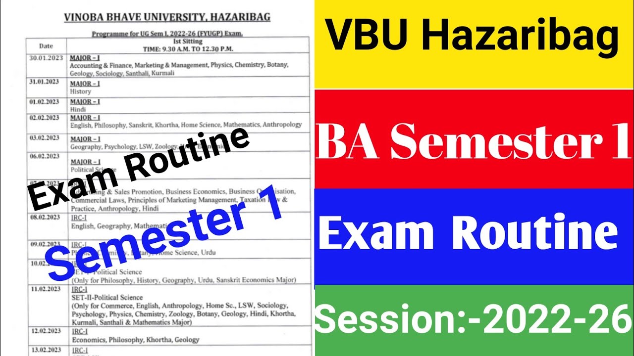 vbu semester 1 exam routine 2022-26।