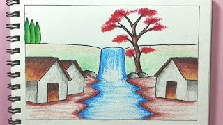 Menggambar Pemandangan Air Terjun Dan Rumah - How To Draw Easy Scenery Of A Village With Waterfall