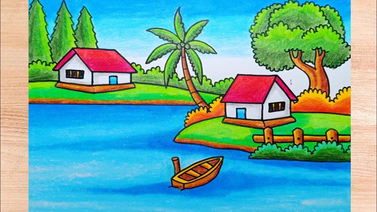 How to Draw a Beautiful and Easy Riverside Village Scenery with a Small Boat