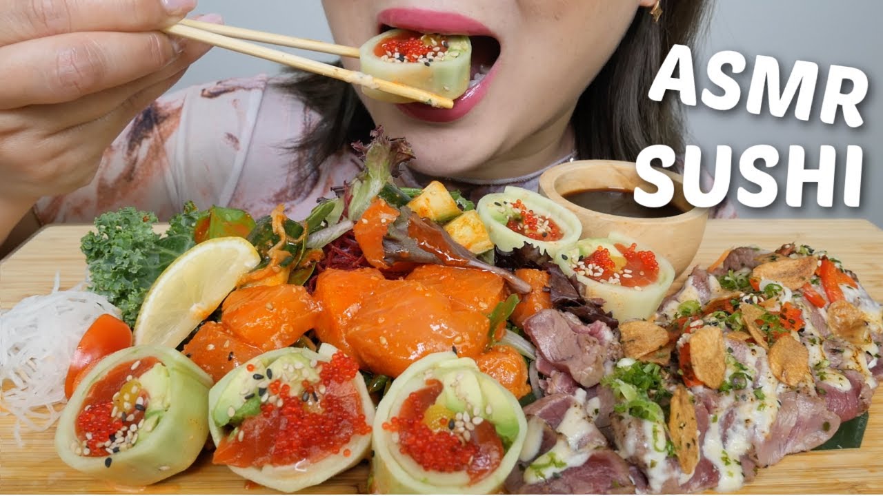 SUSHI ASMR *Spicy Sashimi Salad, CSA Salmon Roll with AAA Beef Tataki Relaxing Eating Sounds | N.E