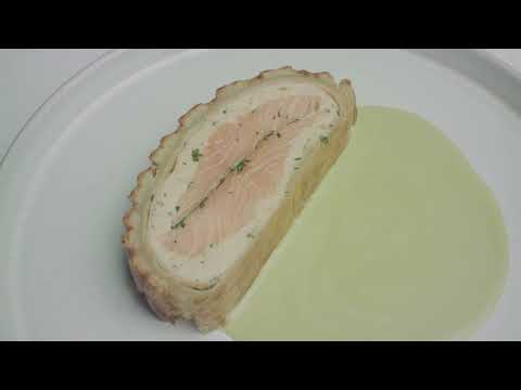 Steve Groves Glyndebourne Executive Chef creates dish of chalk stream trout en croute, sorrel sauce