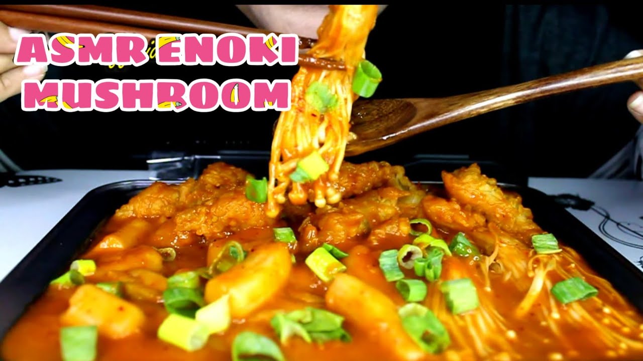 MUKBANG ASMR SPICY ENOKI MUSHROOM, TOPOKKI, SPICY CHICKEN JAMUR ENOKI