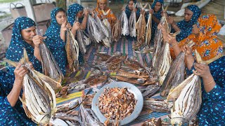 Dried Fish Kosha Recipe - Giant Dry Fish Cutting & Cooking by Village Women - Delicious Food