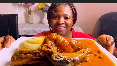 Asmr smoked mackerel fish +cow skin ogbono soup with Fufu mukbang bang (eating show no talking