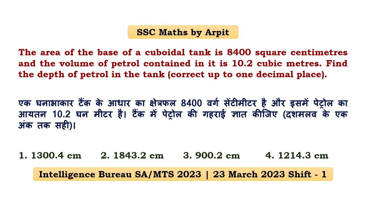 The area of the base of a cuboidal tank is 8400 square centimetres and ...
