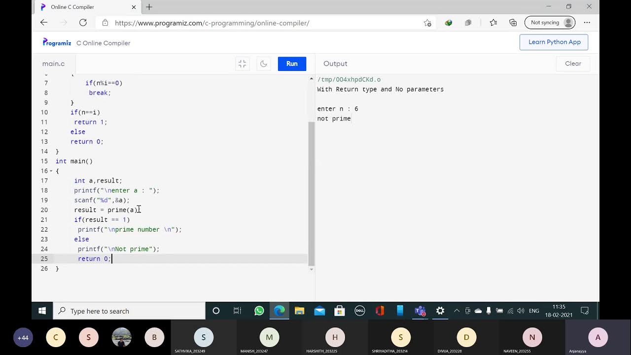 prime number program using functions with return type and with ...