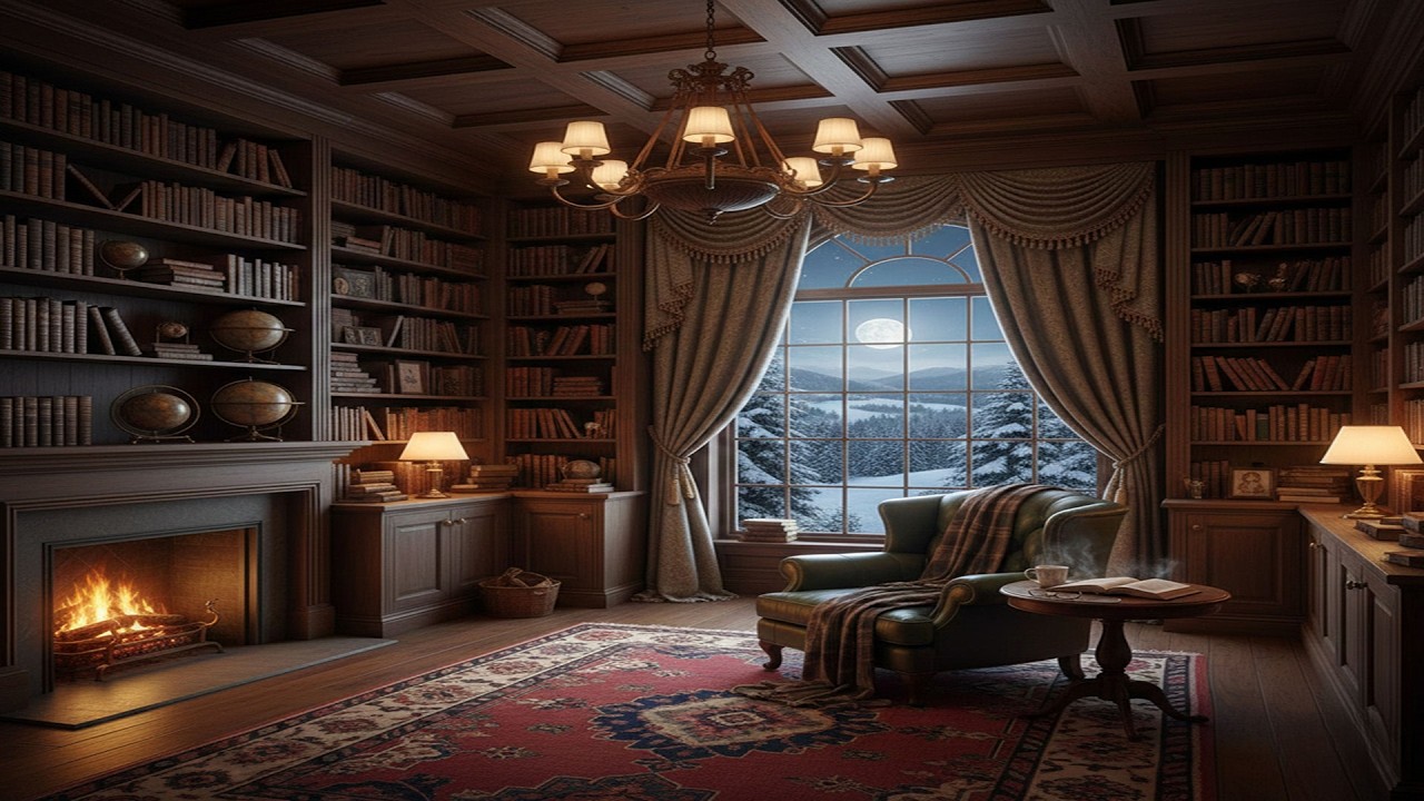 Mountainside Library: Snowfall & Hearthside Glow