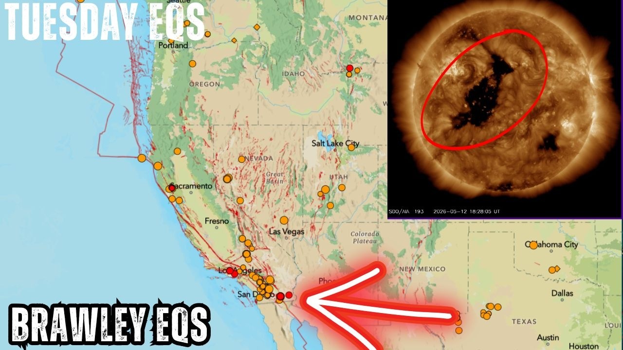 Southern California continues to swarm near Brawley. Massive Coronal hole facing Earth. Tuesday.
