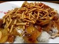 Recipe for Oriental Pork Chop Suey with Veggies, Rice, and Chow Mein Noodles