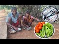 100 years old grandma cooking FISH CURRY and eating | tribe grandpa collection LADYFINGER from field