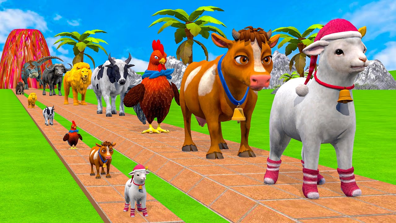 Long Slide Game With Cow Elephant Gorilla Hippopotamus Tiger - 3d Animal Game - Funny 3d Animals