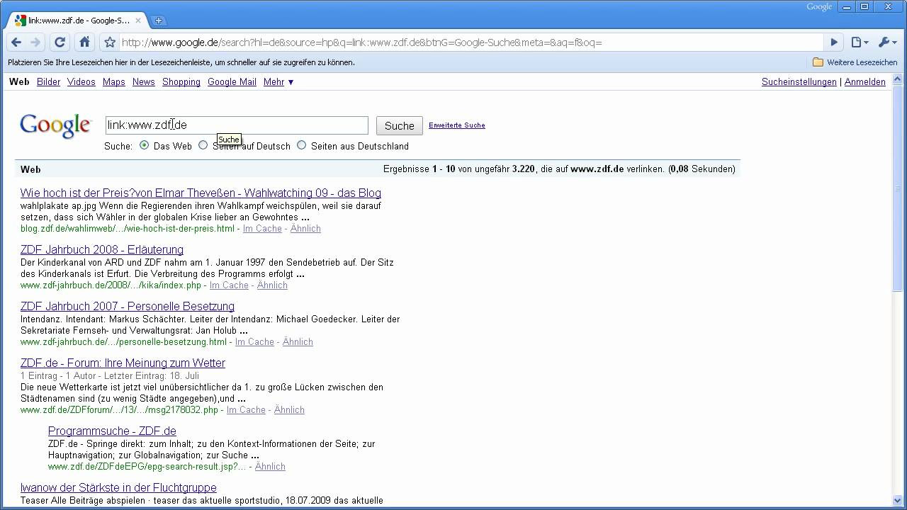 New Google Suchmaschine - Verlinkungen auf eine Website suchen