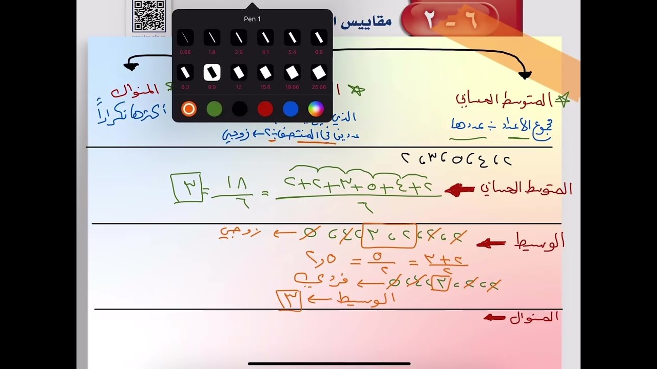 مقاييس النزعة المركزية والمدى الصف اول متىسط