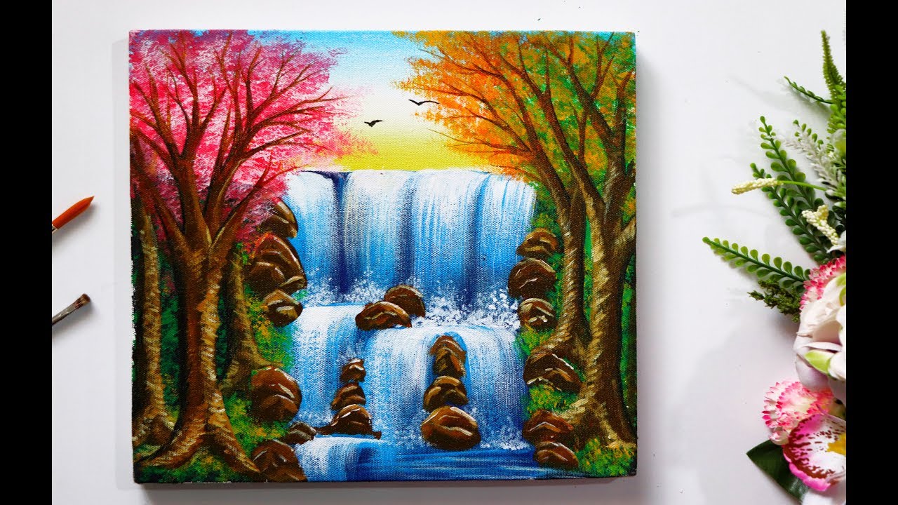 EASY Waterfall Landscape How To Paint Acrylics For Beginners: Paint Night  At Home