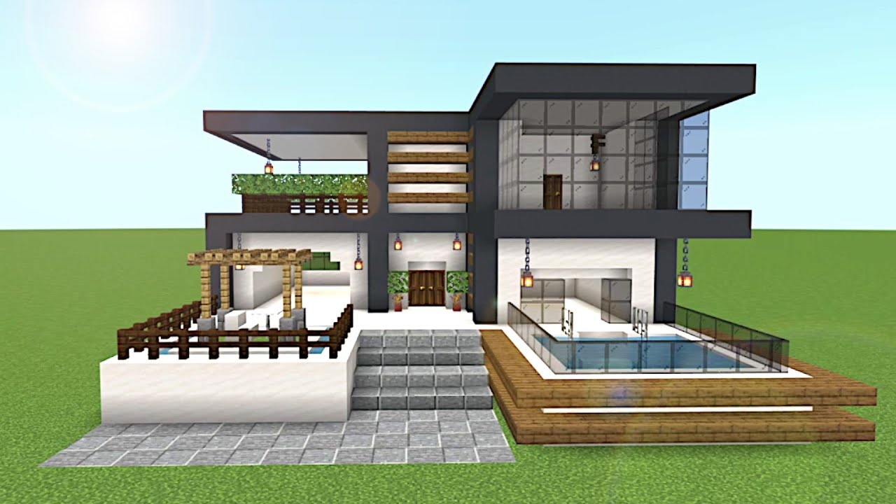 マイクラ建築 プール付きのモダンな豪邸 豪華な家を建ててみたい方 なにかの参考になればと思います Minecraft Build Youtube