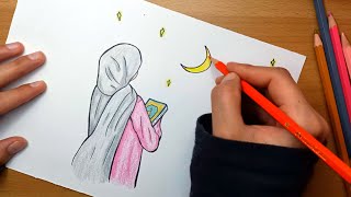 رسم سهل | رسم بنت محجبة مع مصحف و هلال رمضان سهل خطوة بخطوة للمبتدئين مع التلوين |رسم رمضان 2021