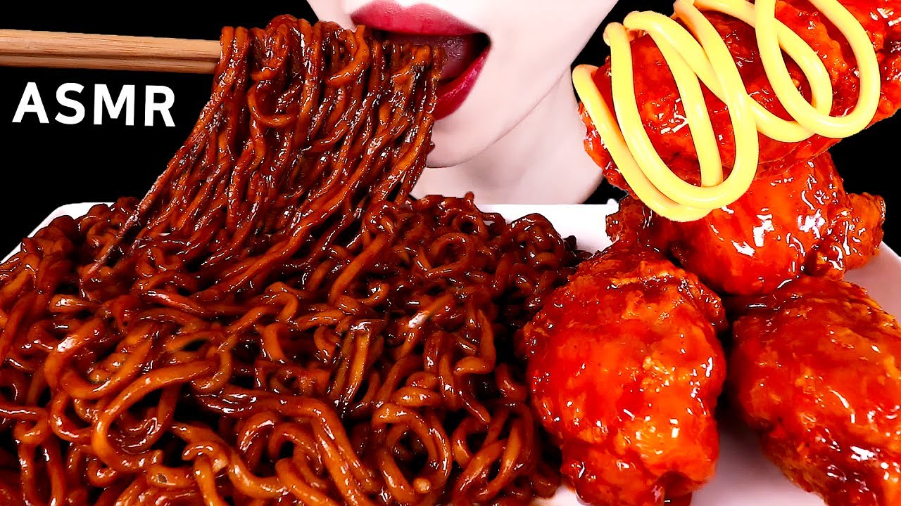 ASMR SPICY FRIED CHICKENS, TRUFFLE BLACK BEAN NOODLES 트러플오일 짜파게티, 양념치킨 EATING SOUNDS MUKBANG 먹방