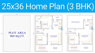 25x36 home plan | 3 BHK | 900 Sq.ft. |