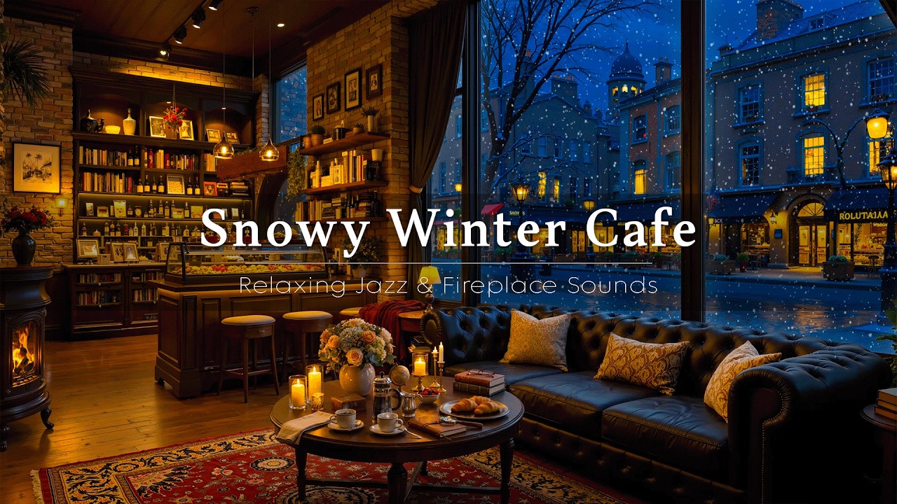 Cozy Winter Jazz & Fireplace Sounds for Relax ☕ Snowy Coffee Shop Ambience & Soft Jazz Piano Music