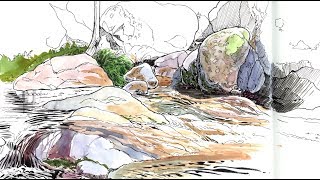Drawing a River. Ink & Watercolour