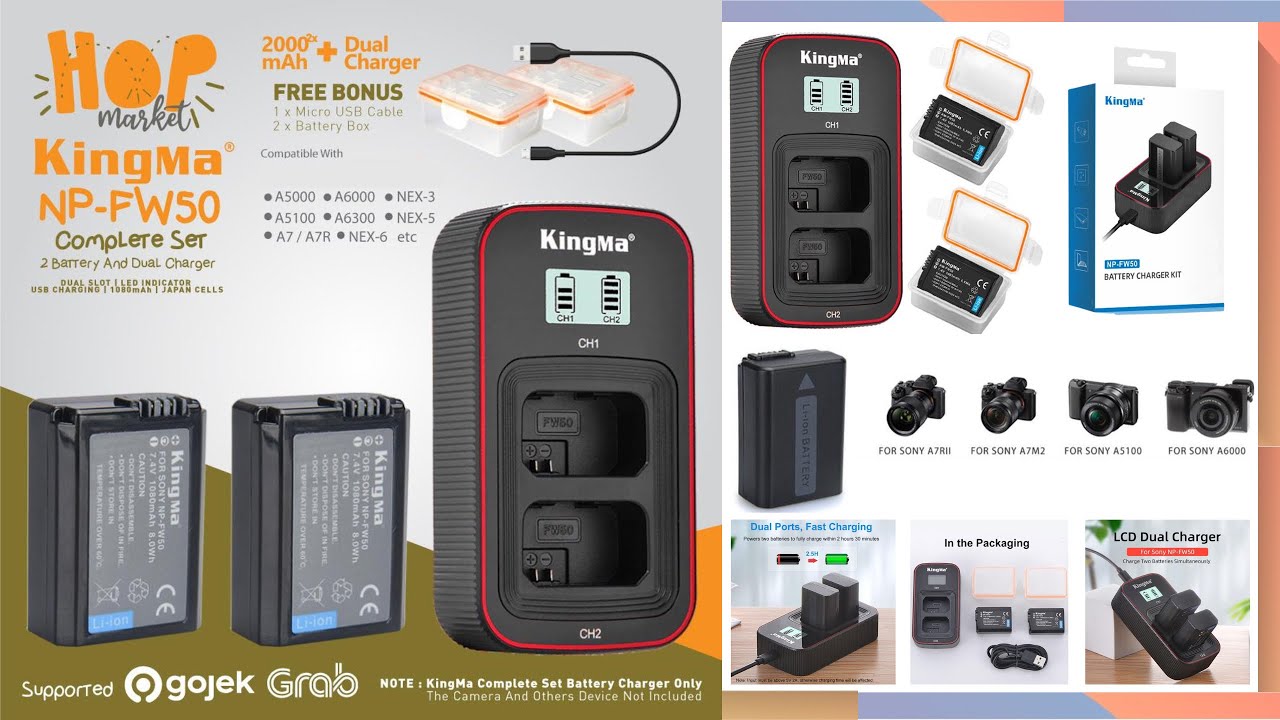 KingMa Paket Complete Baterai LCD Charger Set NP-FW50 for Sony Alpha A7R A5100 A600 A6300 A6400 