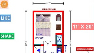 SMALL HOUSE PLAN 11' X 20' / 220 SQ.FT / 24 SQ.YDS / 20 SQ.M / 24 GAJ / WITH INTERIOR