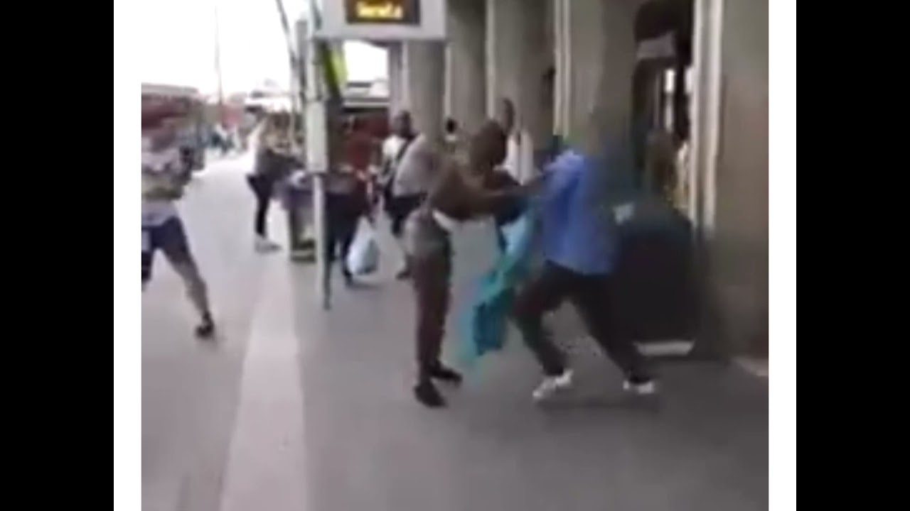 Amazon fight between a woman and a young man fighting seriously on the ...