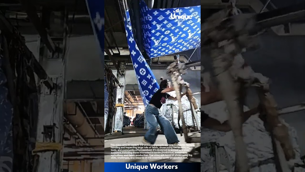 Textile factory: people working in a textile factory, handling and inspecting large rolls of fabric