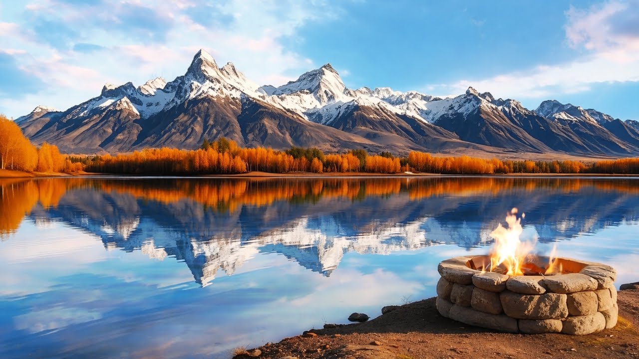 Cozy Campfire by the Lake 🔥 Relaxing Instrumental Music & Mountain Calm