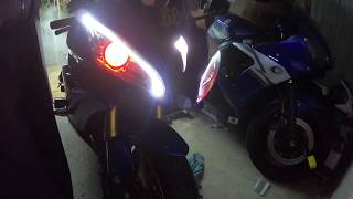 KT Moto Yamaha R6 head lights with devil eyes and day time running light  test