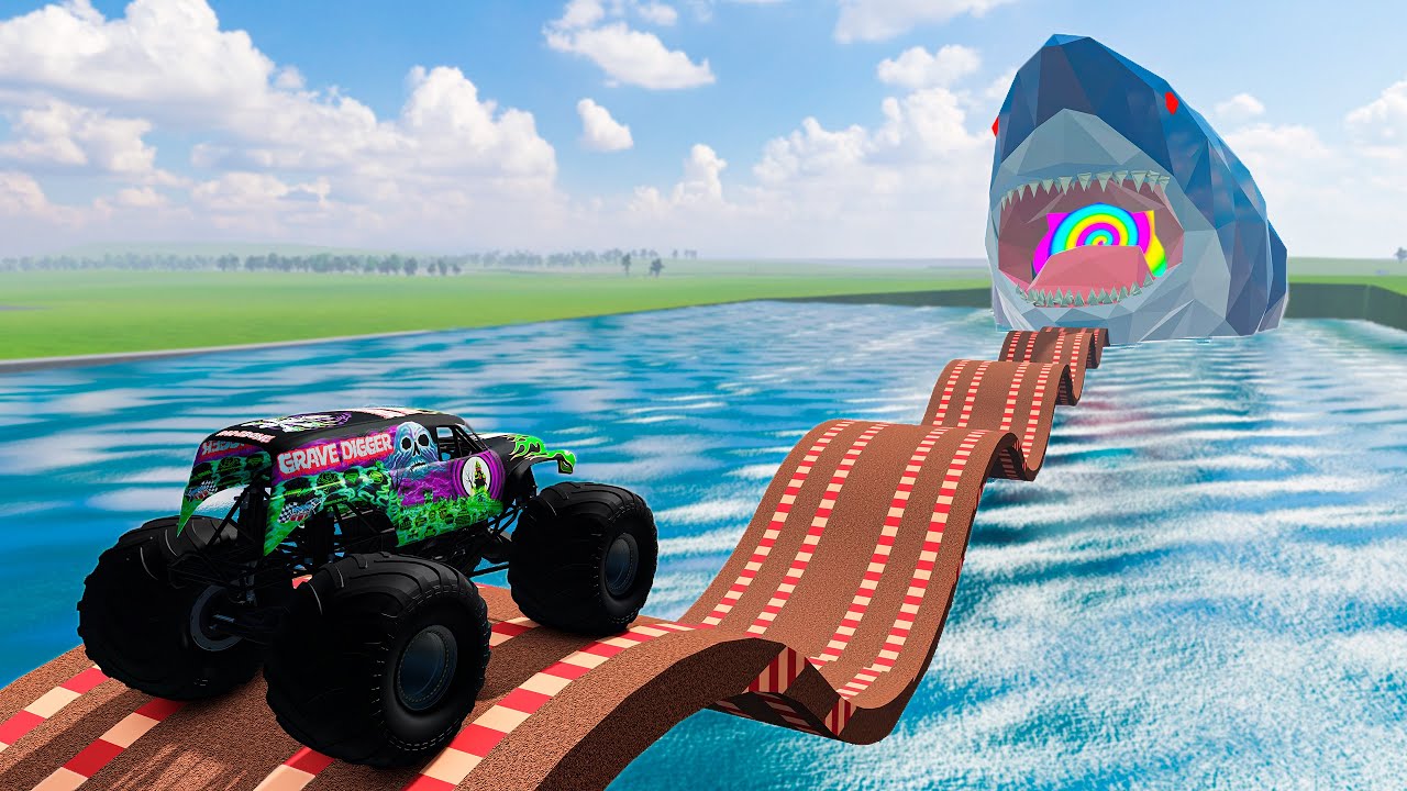 10 Monster Trucks VS Wavy Roads & Megalodon - BeamNG Monster Truck Crashes
