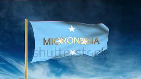 Micronesia flag slider style with title. Waving in the wind with cloud background animation Stock
