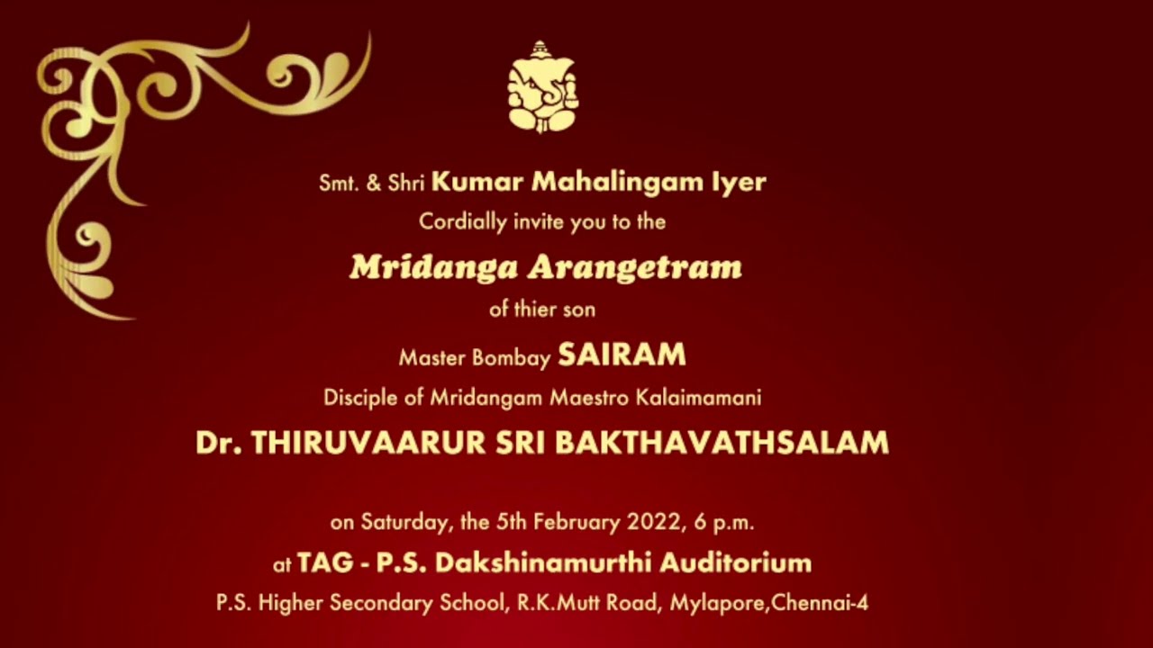 MRIDANGAM ARANGETRAM of Bombay Sairam Deciple of Kalaimamani  Dr THIRUVAARUR  SRI  BHAKTHAVATHSALAM