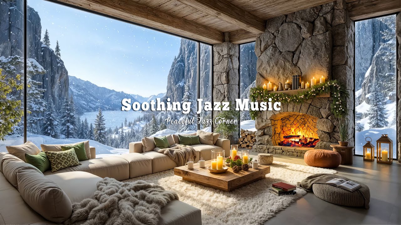 Soothing Jazz Music In Winter Living Room Ambience | Calm Forest On Snowy Day For Relaxation