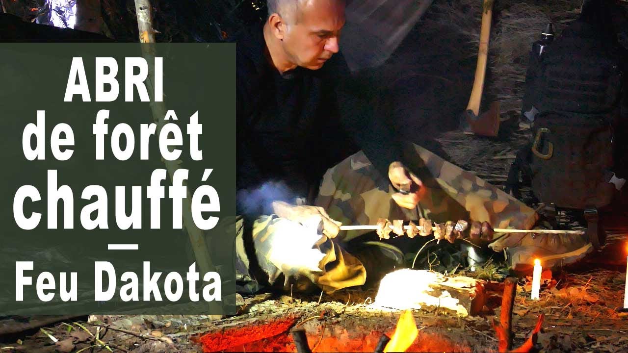 Nuit d'hiver au chaud sous bâches sans sac de couchage - Brochettes de sanglier - feu Dakota