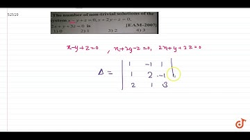The number of non trivial solutions of the system  `x-y+2=0,x+2y-z=0,2x+y+3z=0`  is