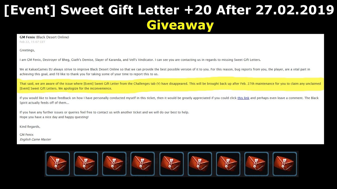 Giveaway +20 Sweet Gift Letter after 27 Feb Black Desert Online YouTube