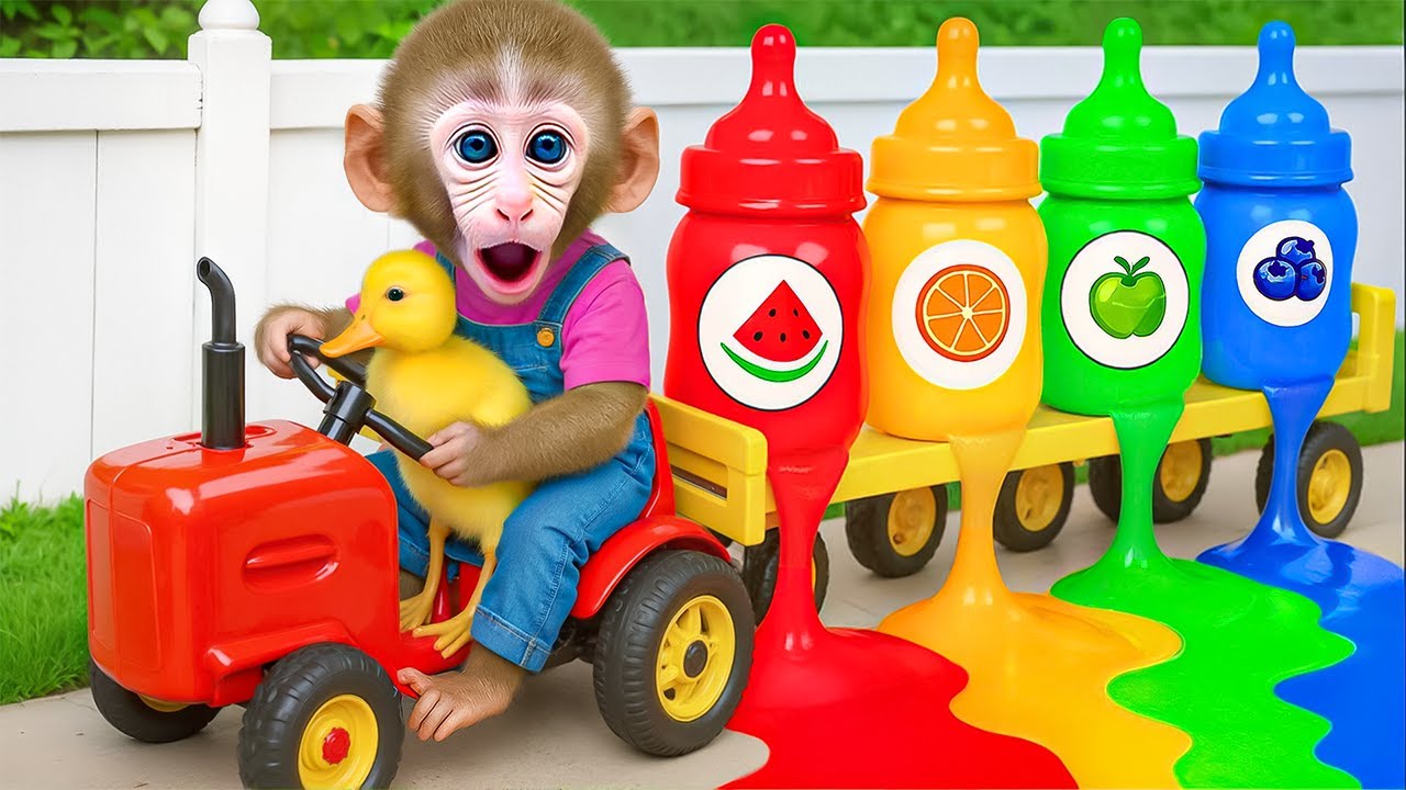 El Mono Tata Cuida Al Lindo Patito Y Cosecha Frutas Coloridas Para Hacer Jugo De Arcoíris