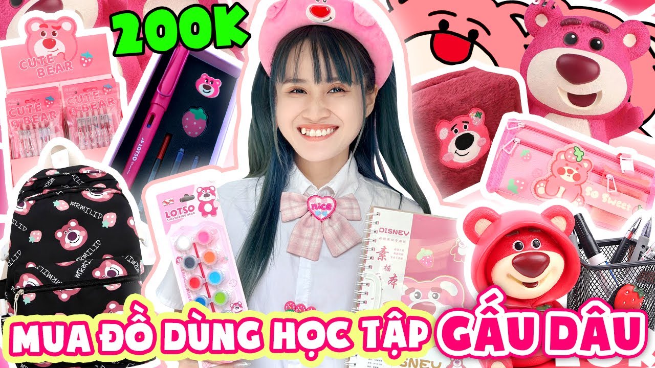 200k Mua Đồ Dùng Học Tập Gấu Dâu Tại Shop Vê Vê House - Vê Vê Channel - youtube