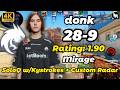 donk (28-9) SoloQ Rating: 1.90 Mirage POV + Keystrokes/custom radar🔥