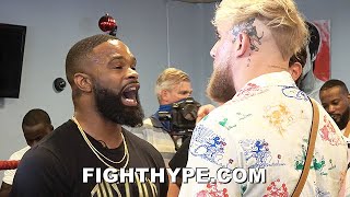 JAKE PAUL & TYRON WOODLEY ERUPT IN HEATED FIRST ENCOUNTER; TRADE "B*TCH OUT" TRASH TALK AT FACE OFF