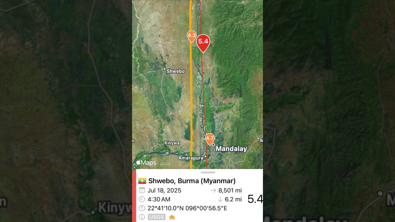 5.4 Earthquake Strikes Shwebo, Myanmar With Foreshocks & Aftershocks | Source QuakeFeed July 18 2025